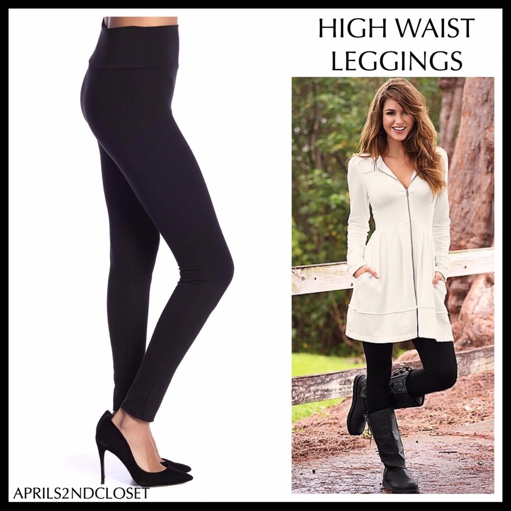 BLACK HIGH WAIST LEGGINGS OPAQUE KNIT PANTS A3C - Picture 1 of 7